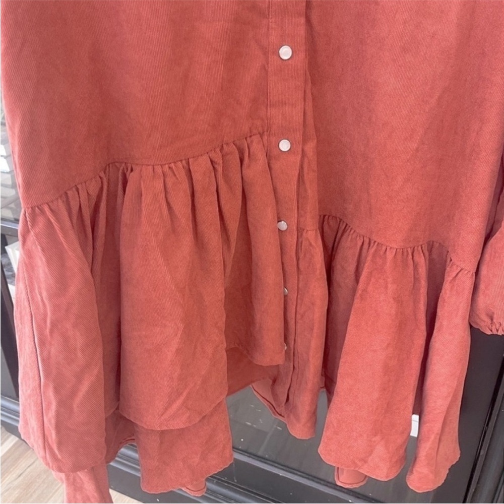 NWT Entro Courderoy Long Sleeve Dress. Ruffle Hem | Women’s Sz-L Rust - Picture 6 of 8